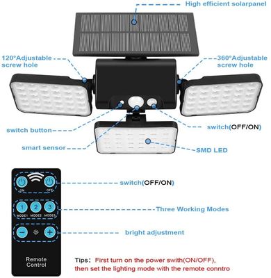 Adjustable Heads 1000lm 260Pcs LED Solar Motion Sensor Wall Light Outdoor